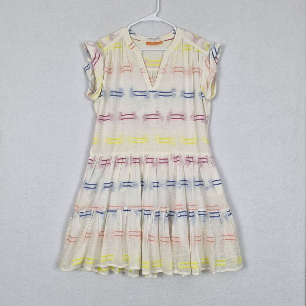Tuckernuck Oliphant Shirt Dress Large Tiered White Colorful Striped Cotton Boho